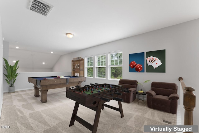 515 Historic Dr, Hillsborough, NC 27278 - game room with carpet floors, billiards, recessed lighting, and vaulted ceiling