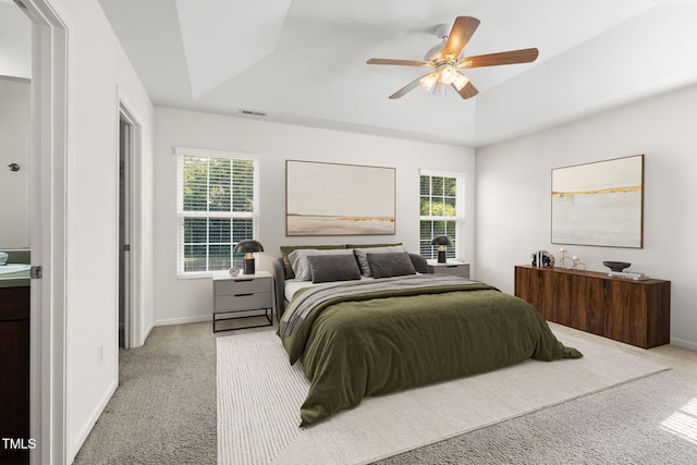 109 Citrine Ct, Durham, NC 27703 - bedroom featuring a tray ceiling, light colored carpet, multiple windows, and baseboards