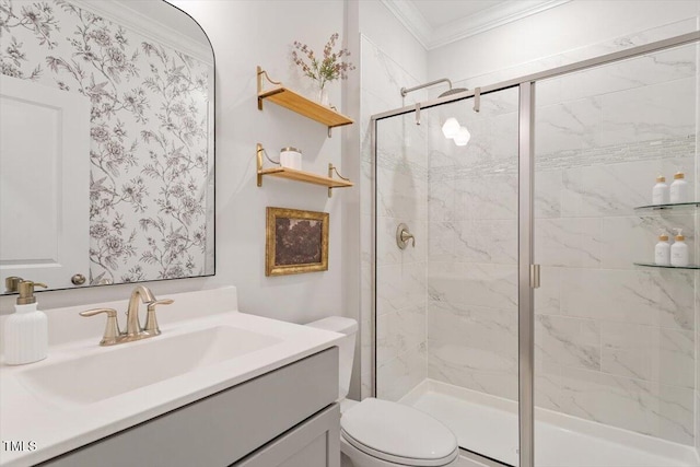 74 Permit Ct, Chapel Hill, NC 27517 - bathroom featuring crown molding, toilet, a shower stall, and vanity