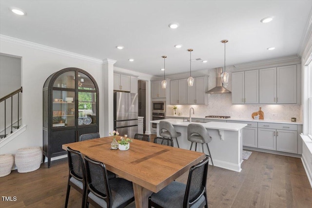 74 Permit Ct, Chapel Hill, NC 27517 - dining area featuring dark wood-type flooring, ornamental molding, stairs, and recessed lighting