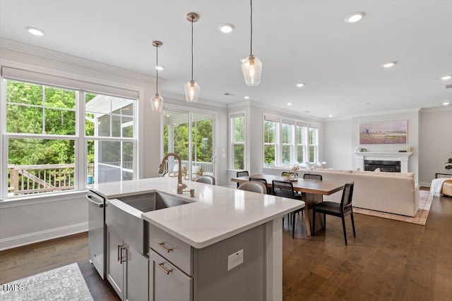 74 Permit Ct, Chapel Hill, NC 27517 - kitchen featuring a sink, ornamental molding, stainless steel dishwasher, baseboards, and open floor plan