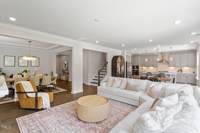 74 Permit Ct, Chapel Hill, NC 27517 - living room with dark wood-style flooring, stairway, crown molding, recessed lighting, and baseboards
