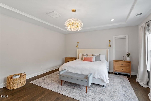 74 Permit Ct, Chapel Hill, NC 27517 - bedroom with a tray ceiling, a chandelier, dark wood-style floors, baseboards, and recessed lighting