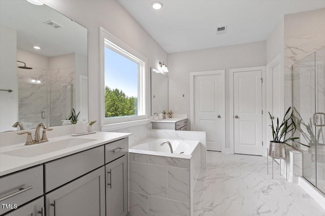 74 Permit Ct, Chapel Hill, NC 27517 - full bath with a marble finish shower, vanity, a bath, and marble finish floors