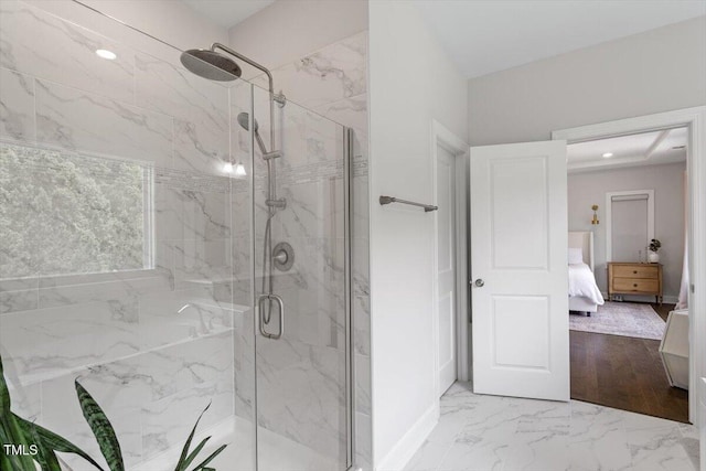 74 Permit Ct, Chapel Hill, NC 27517 - ensuite bathroom featuring a marble finish shower, marble finish floors, and baseboards
