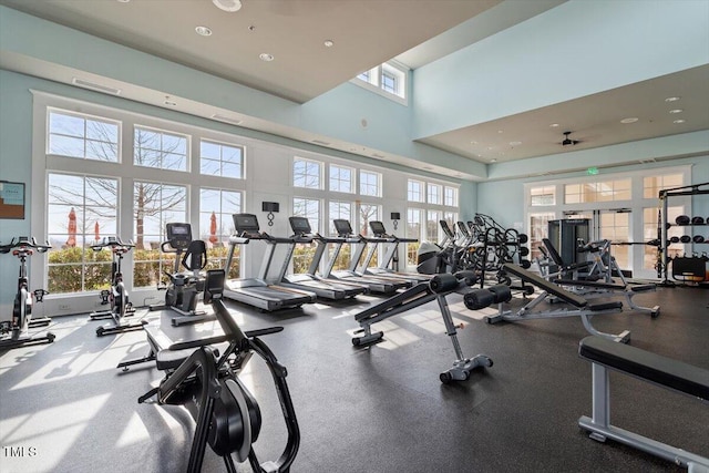 74 Permit Ct, Chapel Hill, NC 27517 - workout area with a high ceiling, recessed lighting, and ceiling fan