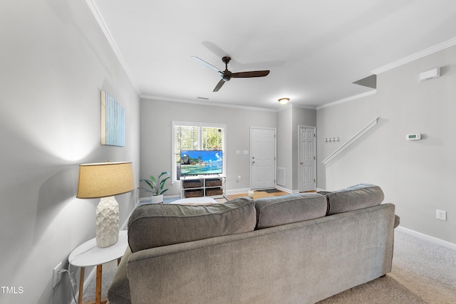 1154 Bungalow Park Dr, Apex, NC 27502 - living area with crown molding, a ceiling fan, baseboards, and carpet flooring