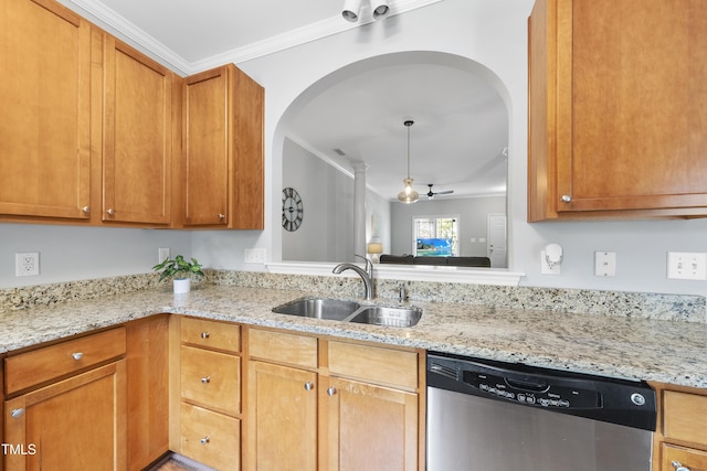 1154 Bungalow Park Dr, Apex, NC 27502 - kitchen featuring stainless steel dishwasher, a sink, arched walkways, crown molding, and light stone countertops