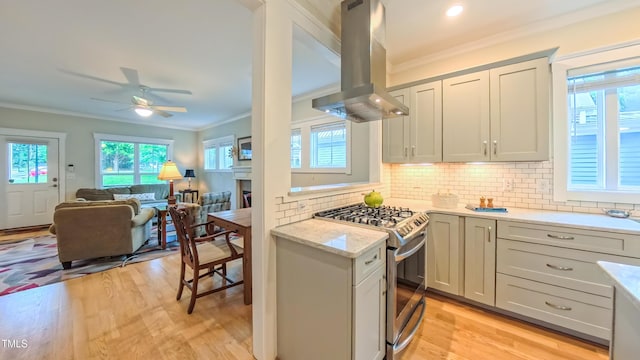 729 Lorentello Cir, Hillsborough, NC 27278 - kitchen featuring island exhaust hood, stainless steel gas stove, crown molding, a ceiling fan, and healthy amount of natural light
