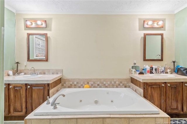 21621 Old Maxton Rd, Maxton, NC 28364 - full bath with a textured ceiling, a whirlpool tub, two vanities, and ornamental molding