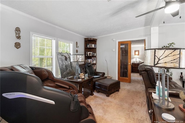 21621 Old Maxton Rd, Maxton, NC 28364 - carpeted living room featuring ceiling fan and crown molding
