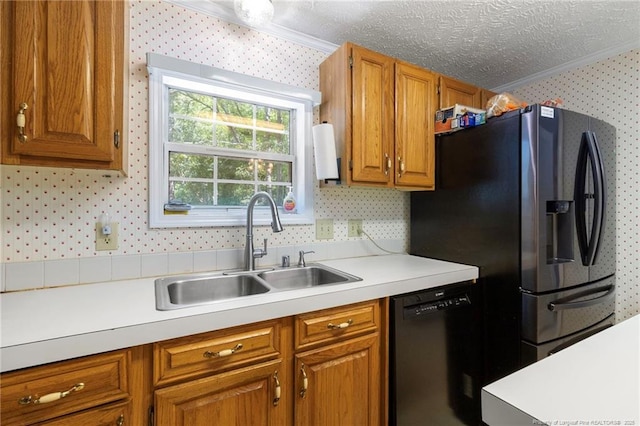 21621 Old Maxton Rd, Maxton, NC 28364 - kitchen featuring dishwasher, a sink, crown molding, wallpapered walls, and light countertops
