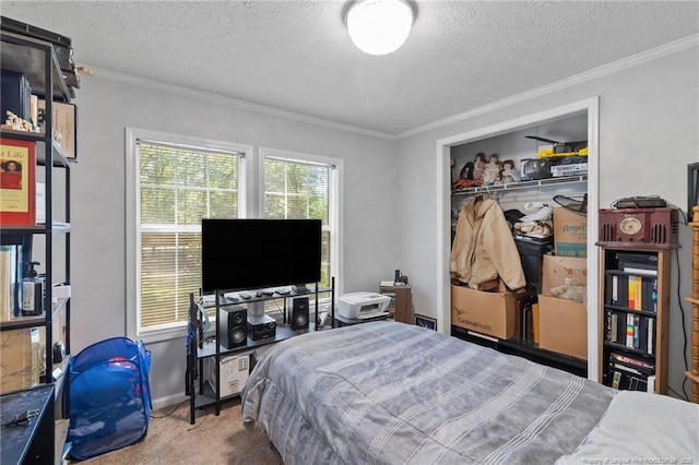 21621 Old Maxton Rd, Maxton, NC 28364 - carpeted bedroom featuring ornamental molding, a textured ceiling, and a closet