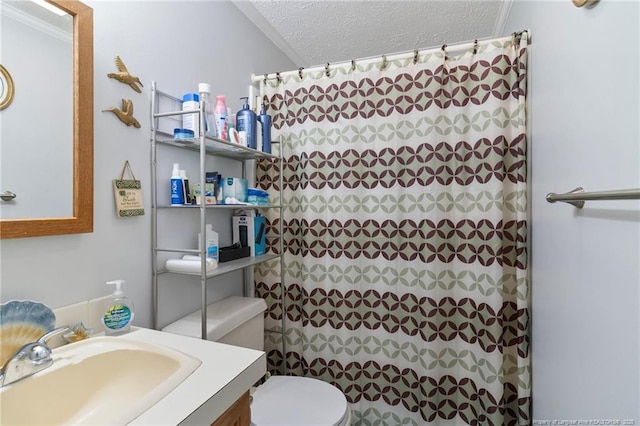 21621 Old Maxton Rd, Maxton, NC 28364 - bathroom with toilet, vanity, a textured ceiling, and a shower with shower curtain