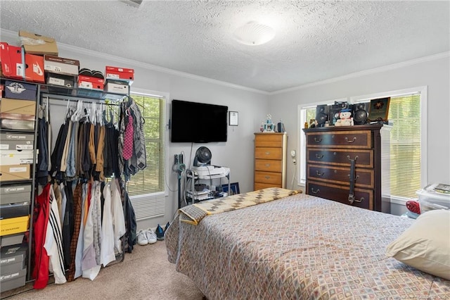 21621 Old Maxton Rd, Maxton, NC 28364 - bedroom with ornamental molding, carpet flooring, and a textured ceiling