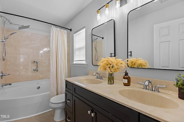 1104 Pebblestone Dr, Durham, NC 27703 - bathroom featuring shower / bath combo, tile patterned flooring, toilet, and double vanity