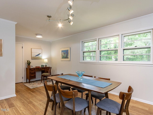 114 Brenrose Cir, Durham, NC 27705 - dining room featuring light wood-type flooring, ornamental molding, rail lighting, and baseboards