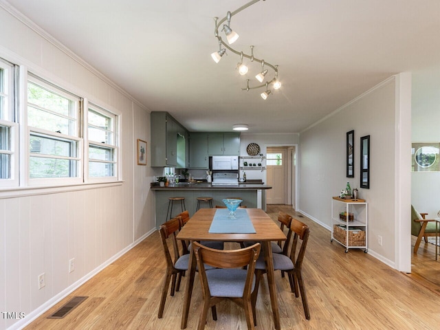 114 Brenrose Cir, Durham, NC 27705 - dining space with light wood finished floors, ornamental molding, rail lighting, and baseboards