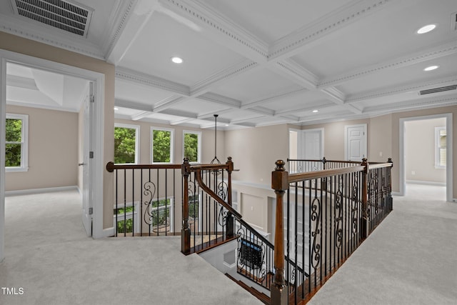 7409 Chesley Ln, Durham, NC 27713 - corridor featuring an upstairs landing, carpet flooring, beamed ceiling, coffered ceiling, and recessed lighting
