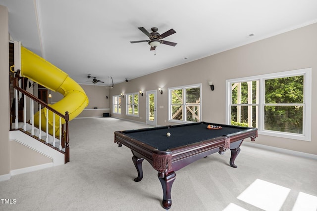 7409 Chesley Ln, Durham, NC 27713 - rec room with carpet, crown molding, a ceiling fan, pool table, and baseboards