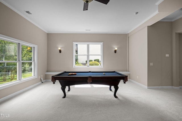 7409 Chesley Ln, Durham, NC 27713 - playroom with light carpet, billiards, ornamental molding, ceiling fan, and baseboards