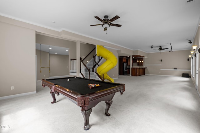 7409 Chesley Ln, Durham, NC 27713 - game room featuring ceiling fan, crown molding, bar, billiards table, and baseboards