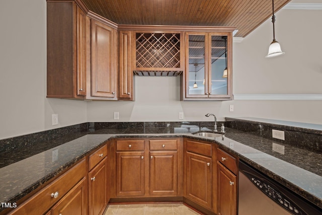 7409 Chesley Ln, Durham, NC 27713 - kitchen featuring stainless steel dishwasher, a sink, dark stone countertops, hanging light fixtures, and ornamental molding