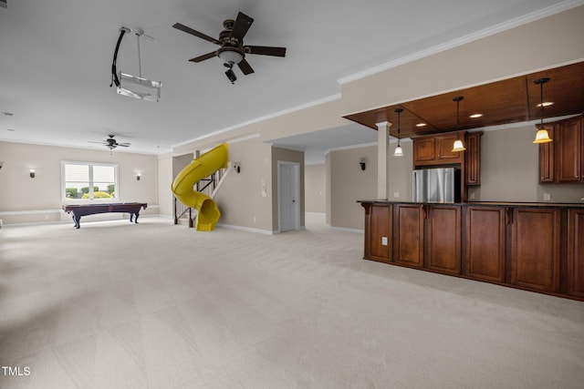 7409 Chesley Ln, Durham, NC 27713 - unfurnished living room featuring ceiling fan, billiards, ornamental molding, light colored carpet, and baseboards