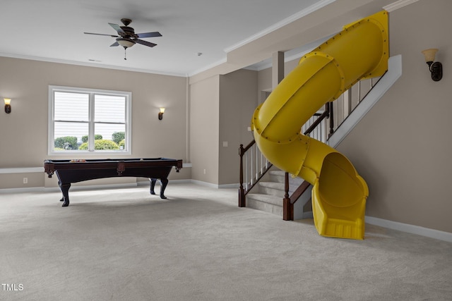 7409 Chesley Ln, Durham, NC 27713 - playroom with ornamental molding, carpet, billiards table, ceiling fan, and baseboards