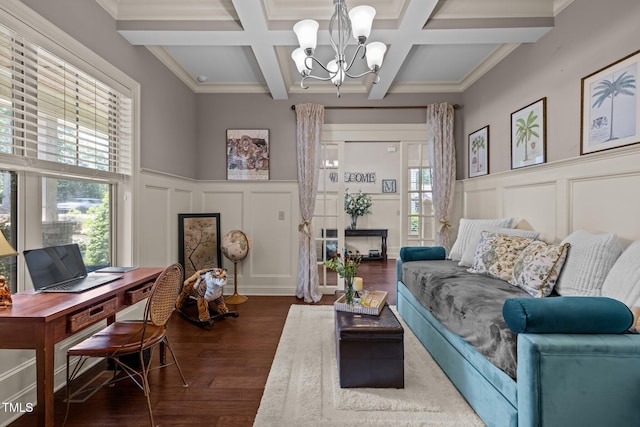 12216 Kyle Abbey Ln, Raleigh, NC 27613 - living room featuring a decorative wall, wood finished floors, beam ceiling, a chandelier, and coffered ceiling