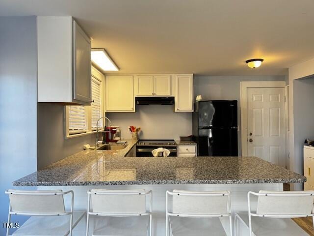 509 Cedar Creek Rd, Fayetteville, NC 28312 - kitchen with freestanding refrigerator, under cabinet range hood, stainless steel electric range, a peninsula, and stone countertops