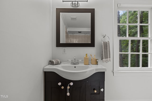 15 Gray Fox Ct, Durham, NC 27713 - bathroom with vanity and ornamental molding
