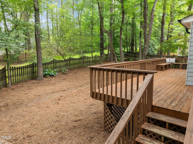 15 Gray Fox Ct, Durham, NC 27713 - deck featuring a fenced backyard and view of wooded area