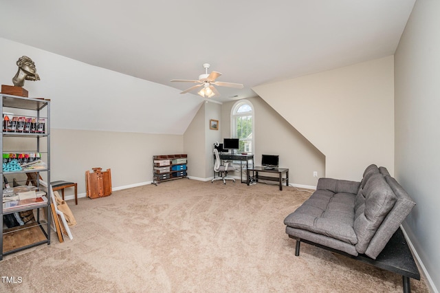 1230 Golden Bluff Ln, Fuquay Varina, NC 27526 - office featuring a ceiling fan, carpet, lofted ceiling, and baseboards