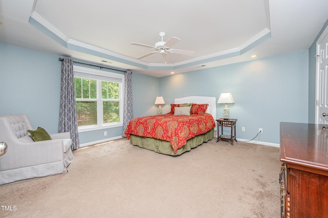 1230 Golden Bluff Ln, Fuquay Varina, NC 27526 - carpeted bedroom with a raised ceiling, crown molding, baseboards, and ceiling fan