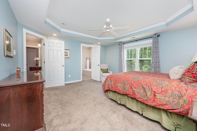 1230 Golden Bluff Ln, Fuquay Varina, NC 27526 - bedroom featuring a raised ceiling, ornamental molding, carpet flooring, ensuite bathroom, and baseboards