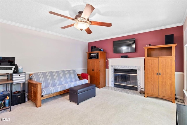 107 Canyon Run, Cary, NC 27513 - carpeted living area with ornamental molding, ceiling fan, a fireplace, and baseboards