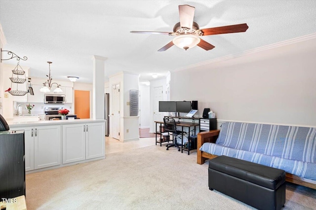 107 Canyon Run, Cary, NC 27513 - living room featuring ceiling fan, ornamental molding, light colored carpet, and a textured ceiling