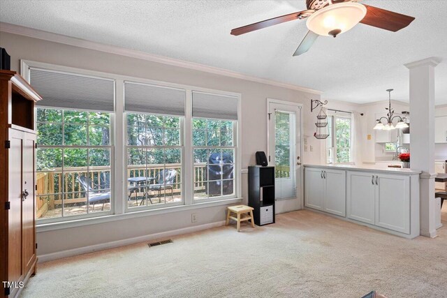 107 Canyon Run, Cary, NC 27513 - unfurnished room with light carpet, a ceiling fan, a chandelier, ornamental molding, and a textured ceiling