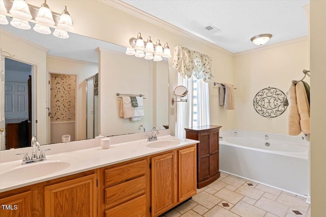 107 Canyon Run, Cary, NC 27513 - bathroom featuring a bath, ornamental molding, double vanity, and stone tile flooring