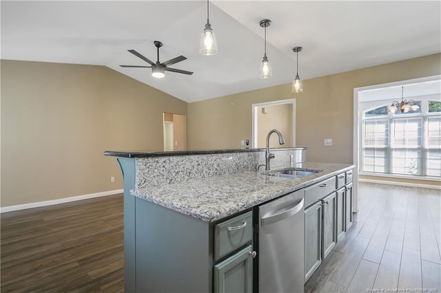 2298 Hackney Loop, Fayetteville, NC 28304 - kitchen with stainless steel dishwasher, a sink, dark wood-type flooring, ceiling fan, and vaulted ceiling