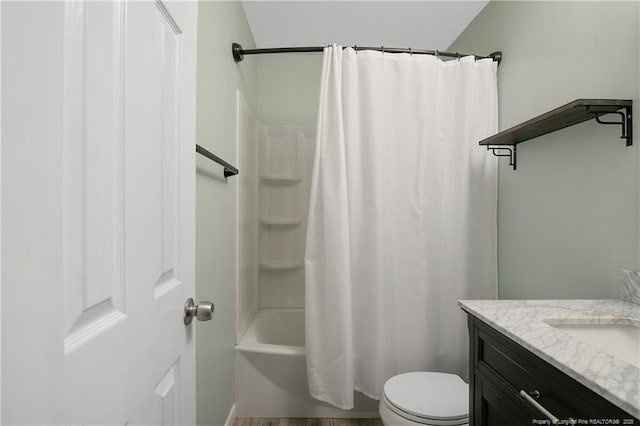 2298 Hackney Loop, Fayetteville, NC 28304 - full bathroom with vanity, toilet, shower / bathtub combination with curtain, and wood finished floors