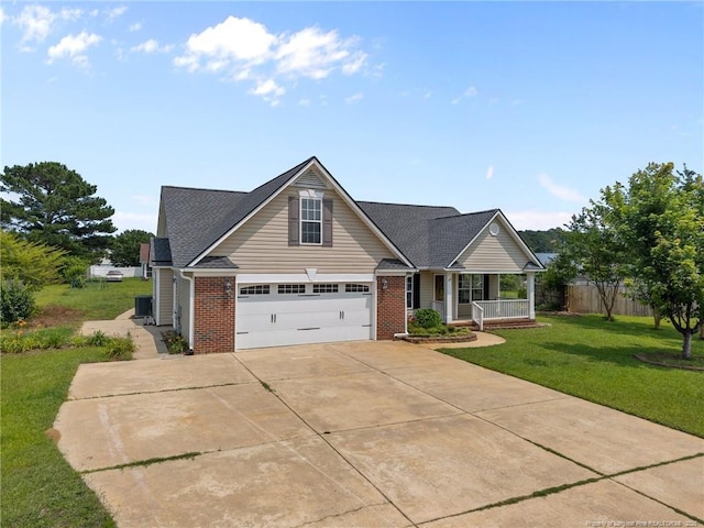 107 Hayes Ct, Raeford, NC 28376 - traditional-style home featuring covered porch, concrete driveway, brick siding, central AC unit, and a shingled roof