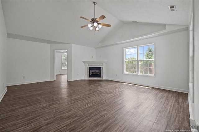 107 Hayes Ct, Raeford, NC 28376 - unfurnished living room with a ceiling fan, dark wood-type flooring, a fireplace, baseboards, and high vaulted ceiling