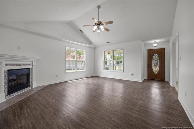 107 Hayes Ct, Raeford, NC 28376 - unfurnished living room featuring ceiling fan, wood finished floors, baseboards, a fireplace with flush hearth, and high vaulted ceiling