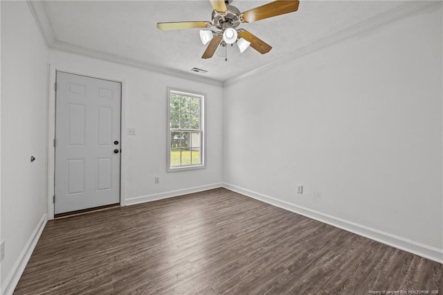 107 Hayes Ct, Raeford, NC 28376 - unfurnished room featuring dark wood-style flooring, ornamental molding, baseboards, and a ceiling fan
