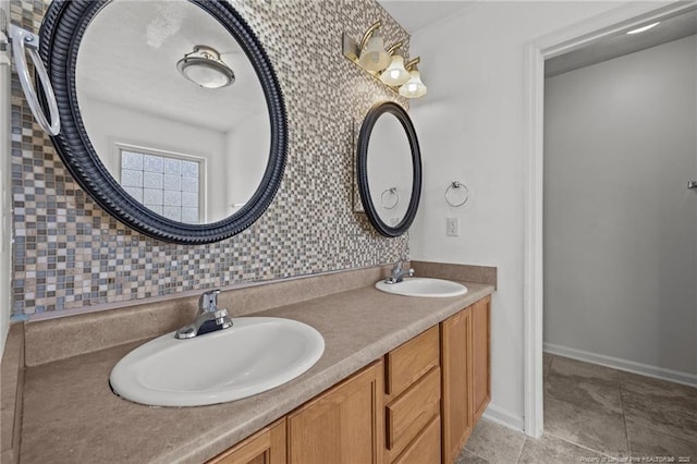 107 Hayes Ct, Raeford, NC 28376 - full bath with double vanity, baseboards, and backsplash
