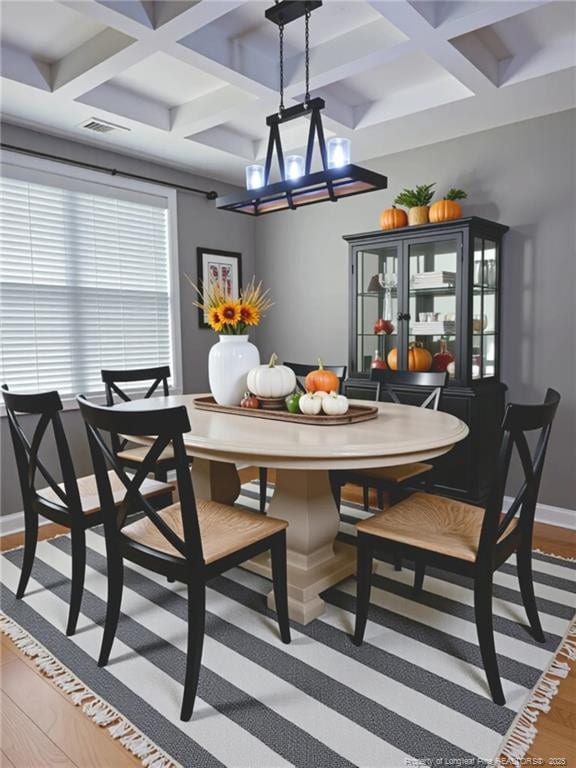 1545 Gallant Fox Ct, Parkton, NC 28371 - dining area featuring coffered ceiling, beamed ceiling, a chandelier, and baseboards