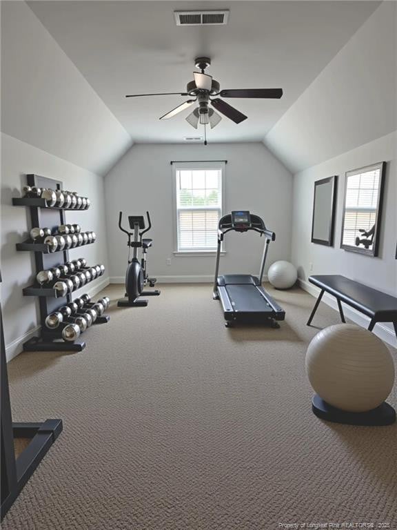 1545 Gallant Fox Ct, Parkton, NC 28371 - workout area with lofted ceiling, carpet floors, baseboards, and a ceiling fan