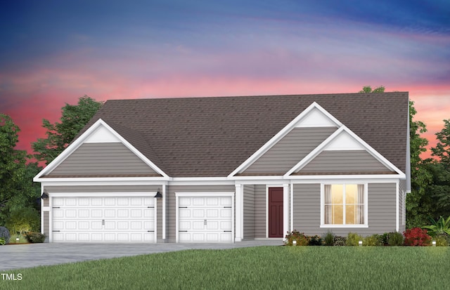 2516 Del Webb Gardens Dr, Fuquay Varina, NC 27526 - view of front of house with a garage, a front yard, concrete driveway, and roof with shingles